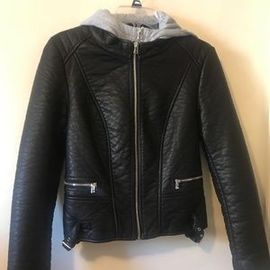 Vegan Leather Hooded Moto Jacket w/Removable Hood. Black/Gray. Small